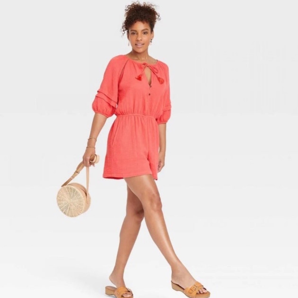 KNOX ROSE Small Romper Short Sleeve Gauze Coral NEW